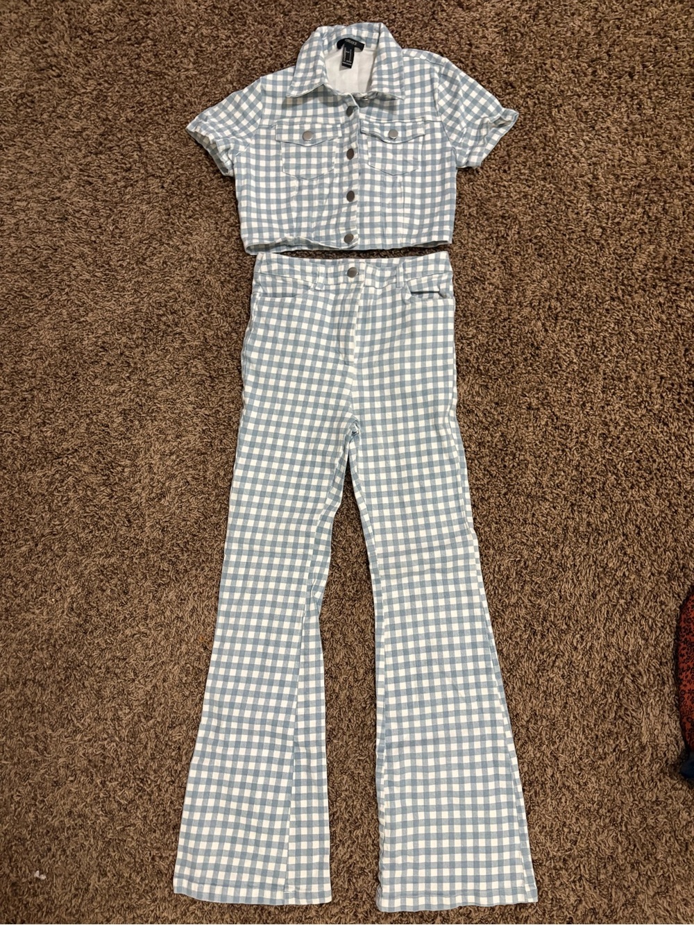Forever 21 Blue and White Gingham Boot Cut Pants & Crop Top Set